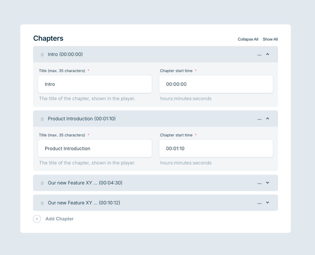 Define Chapter within a video in the ignite cms