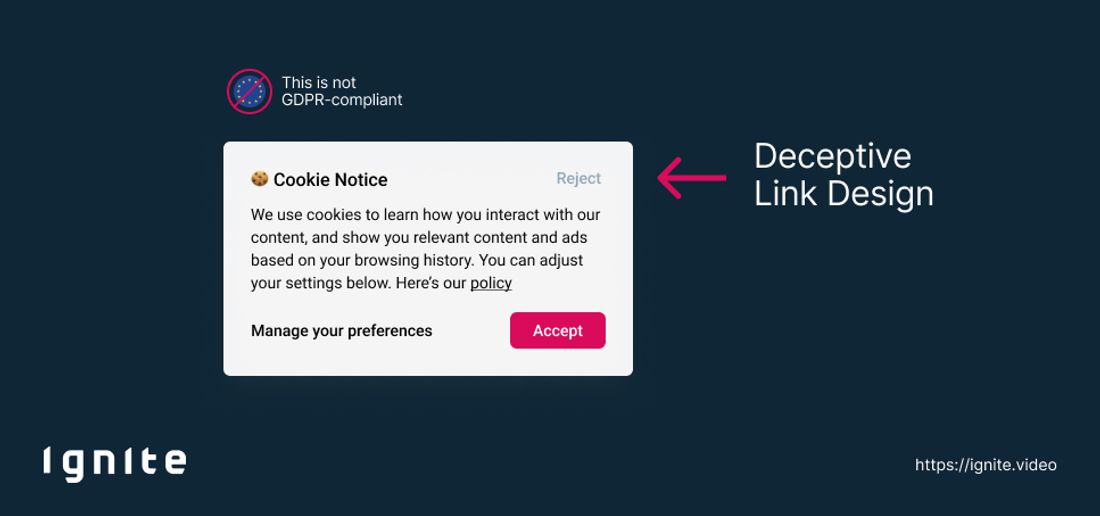 Cookie Banner Dark Pattern - hiding the decline button as a text link in the top corner of the banner