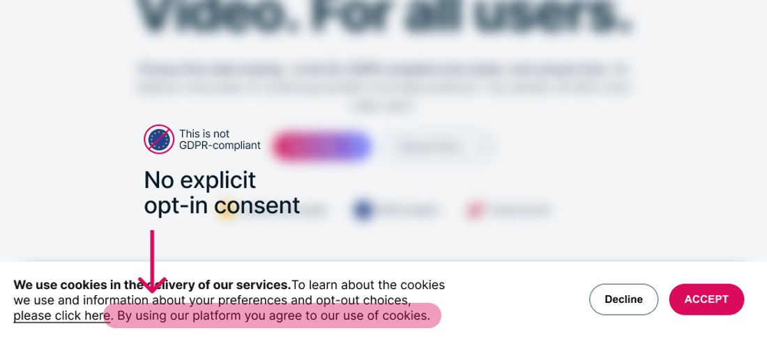 Cookie Banner Dark Pattern - a sticky cookie banner that says users will automatically agree