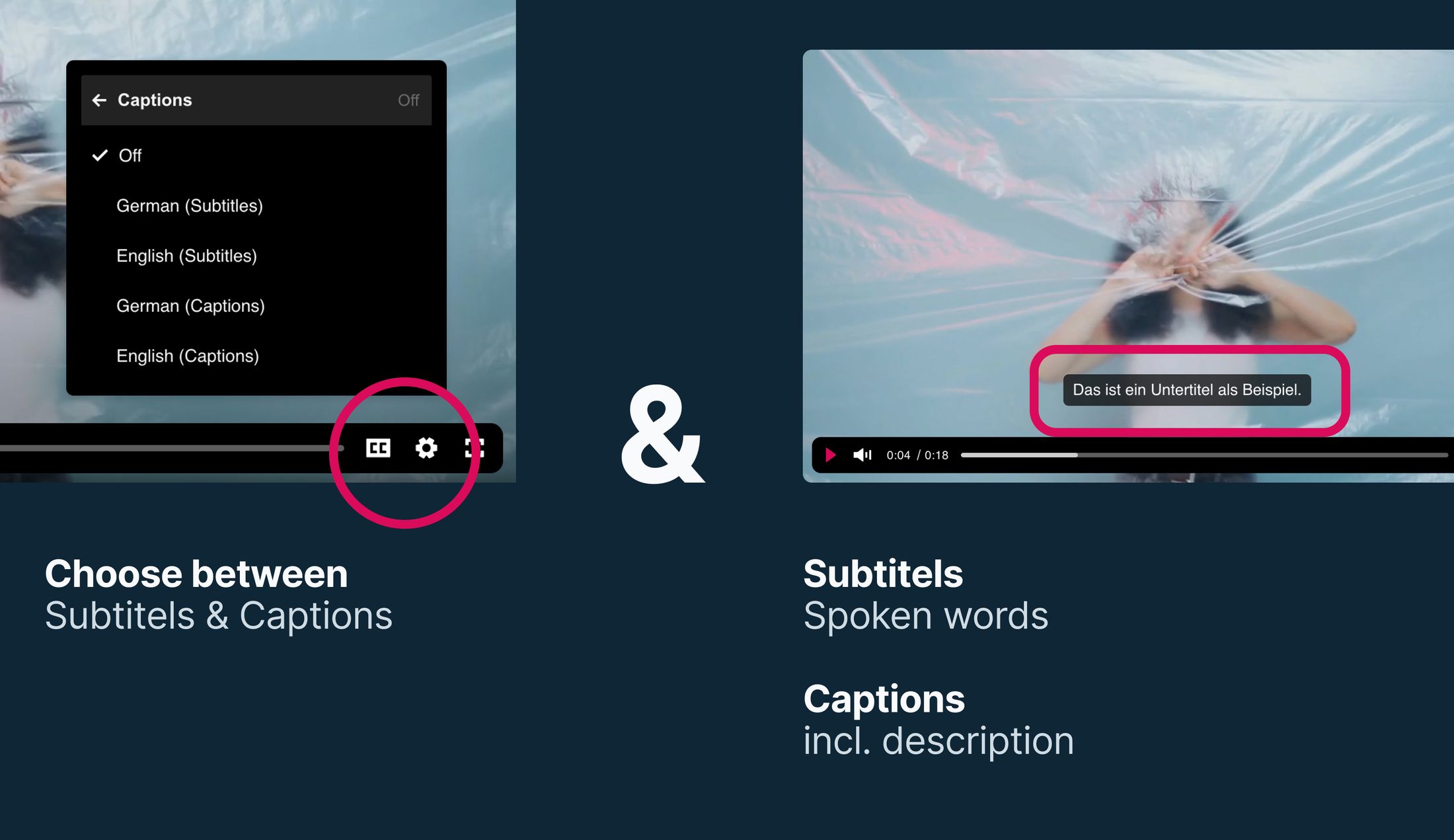 Screenshot of a accessible video player, highlighting the customization features for subtitels or captions